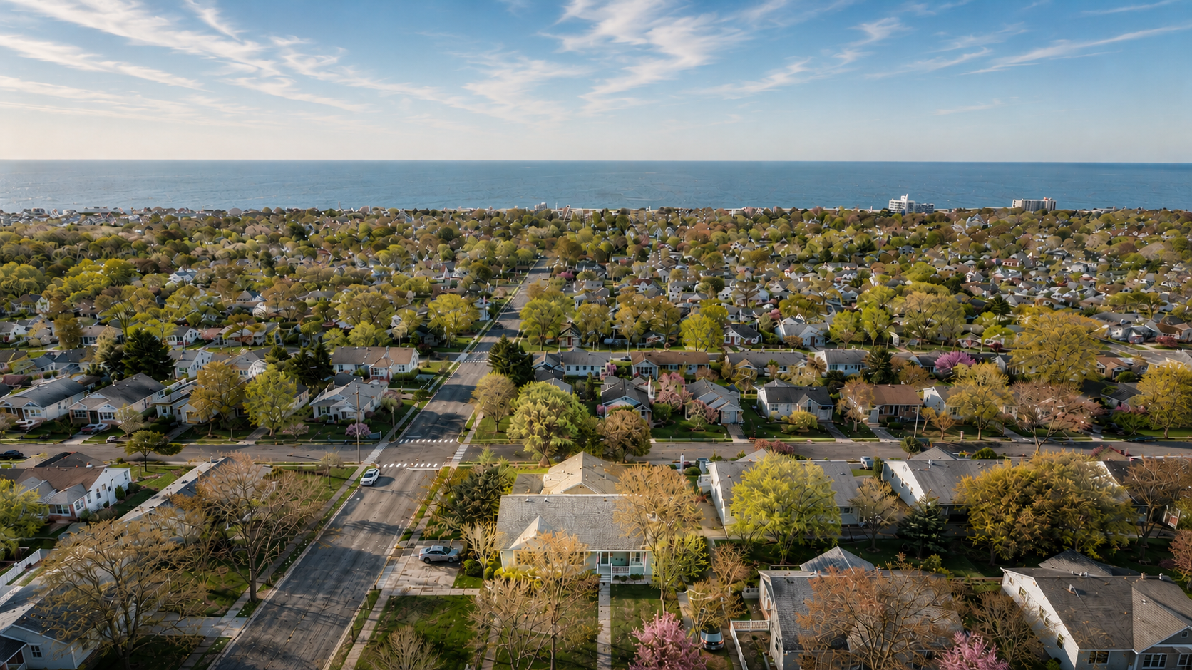 Ocean Stay Cape May — aerial view of the neighborhood with ocean in the distance